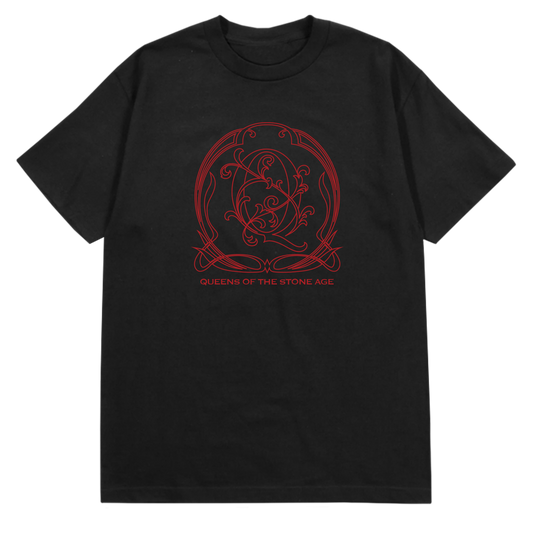 A black tee with a red decorative QOTSA logo on the front