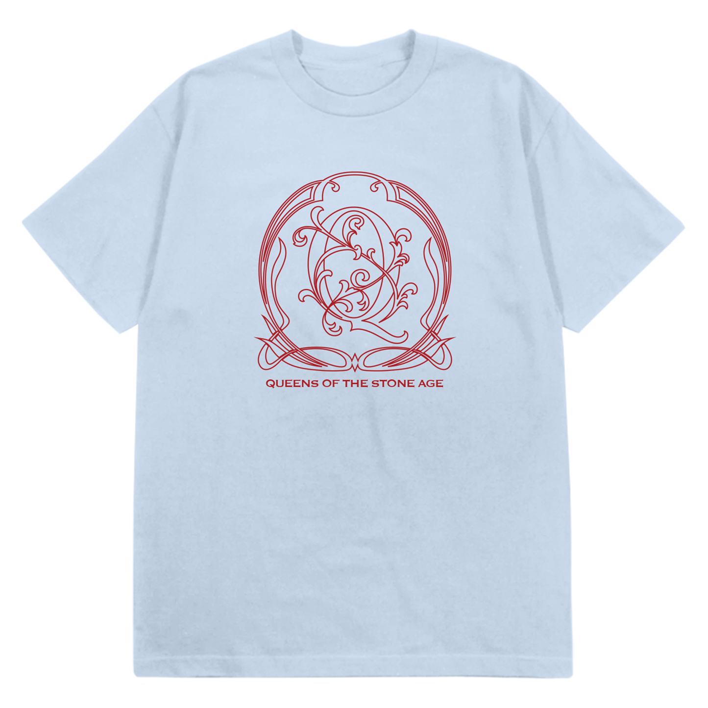 A light blue tee with a red decorative QOTSA logo on the front