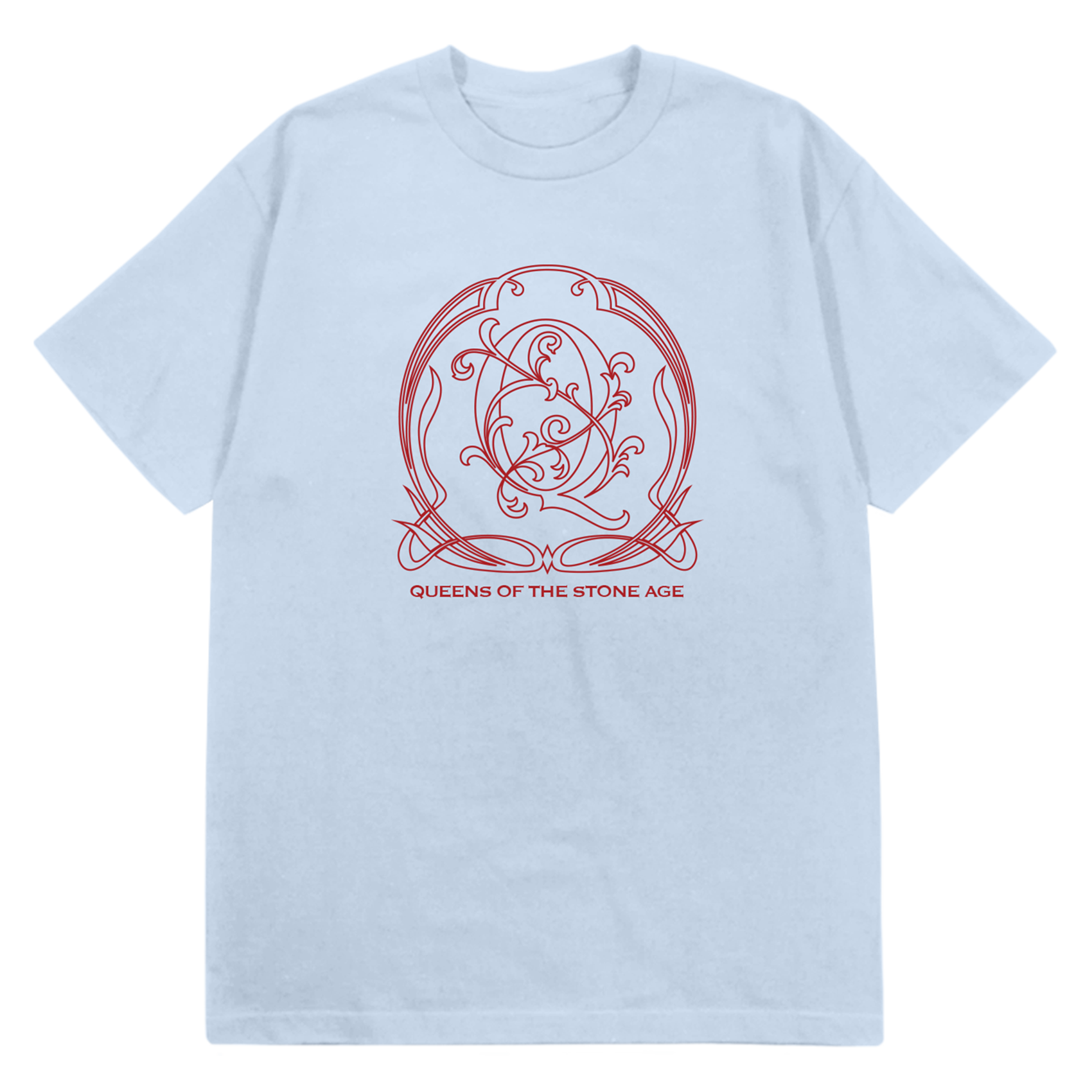 A light blue tee with a red decorative QOTSA logo on the front