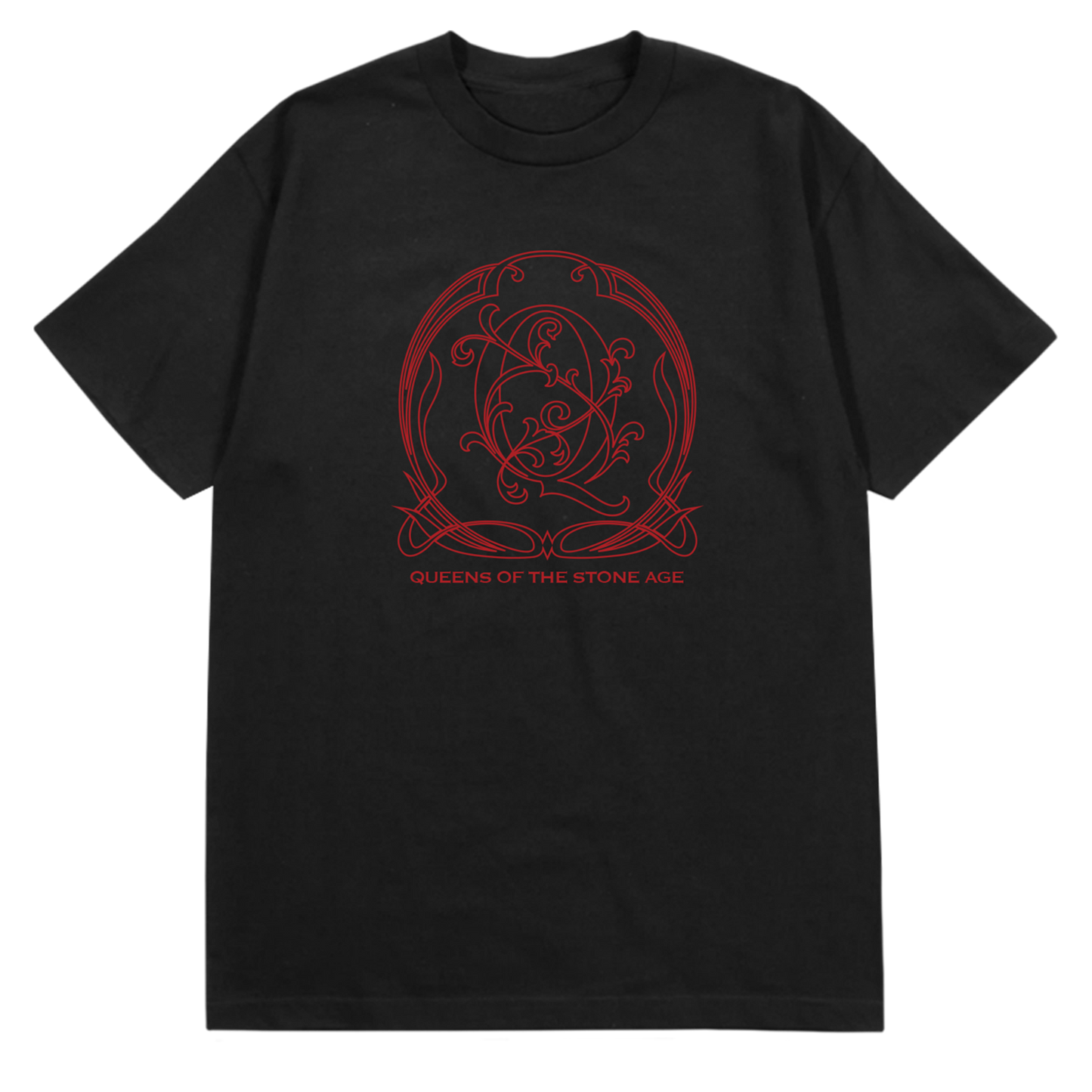 A black tee with a red decorative QOTSA logo on the front