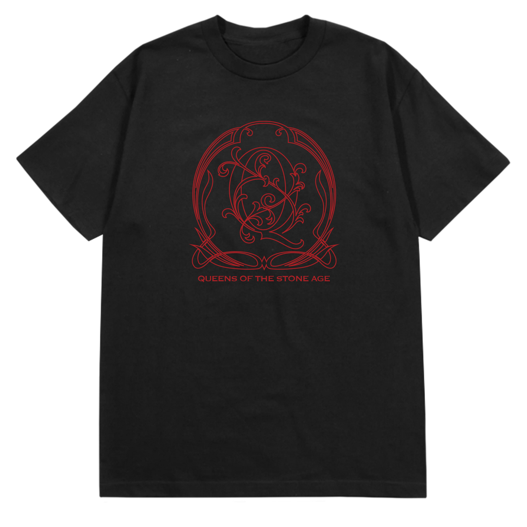 A black tee with a red decorative QOTSA logo on the front