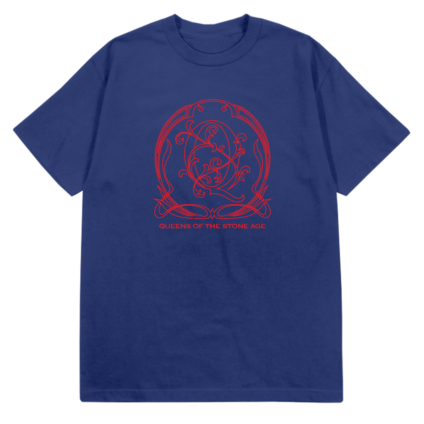 A dark blue tee with a red decorative QOTSA logo on the front