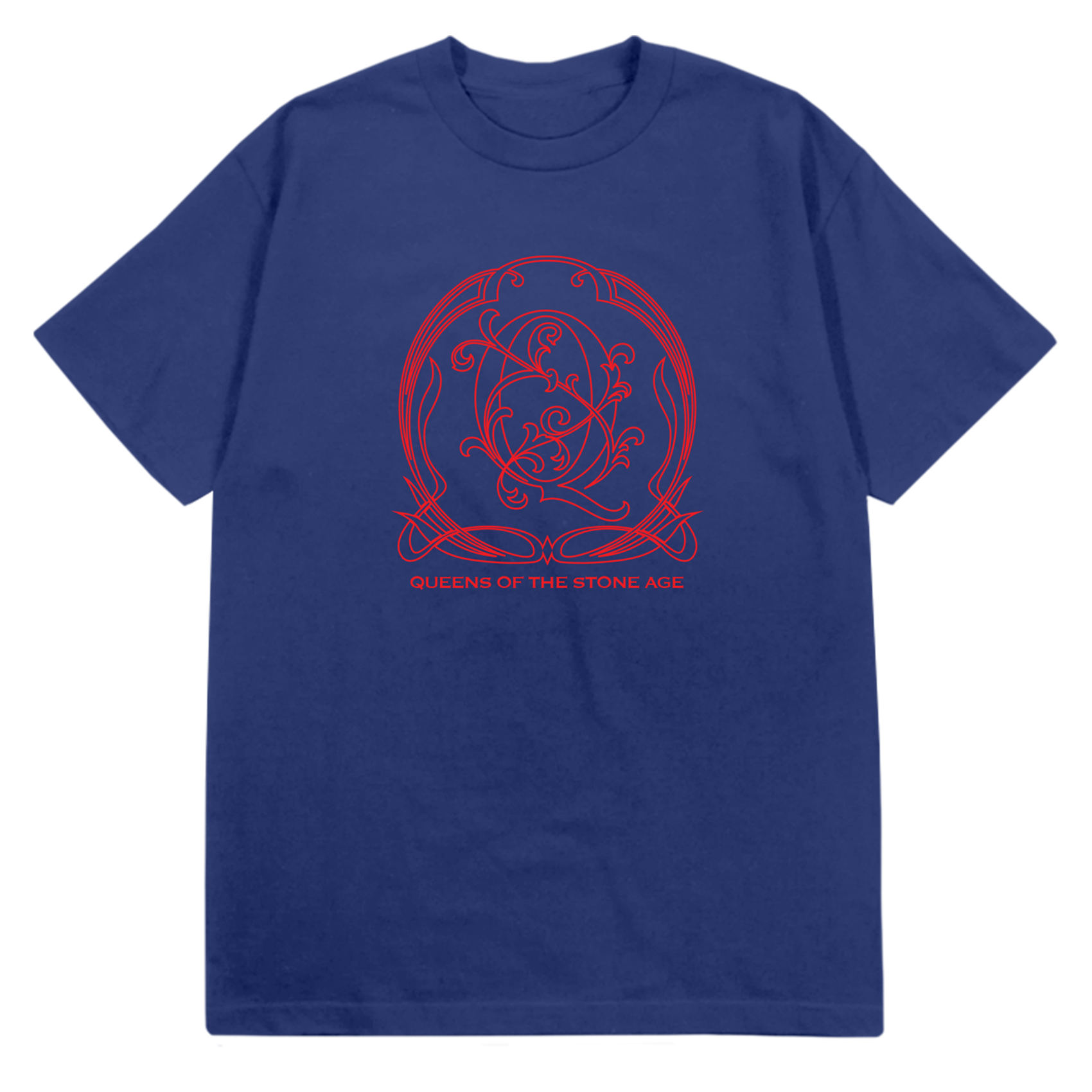 A dark blue tee with a red decorative QOTSA logo on the front