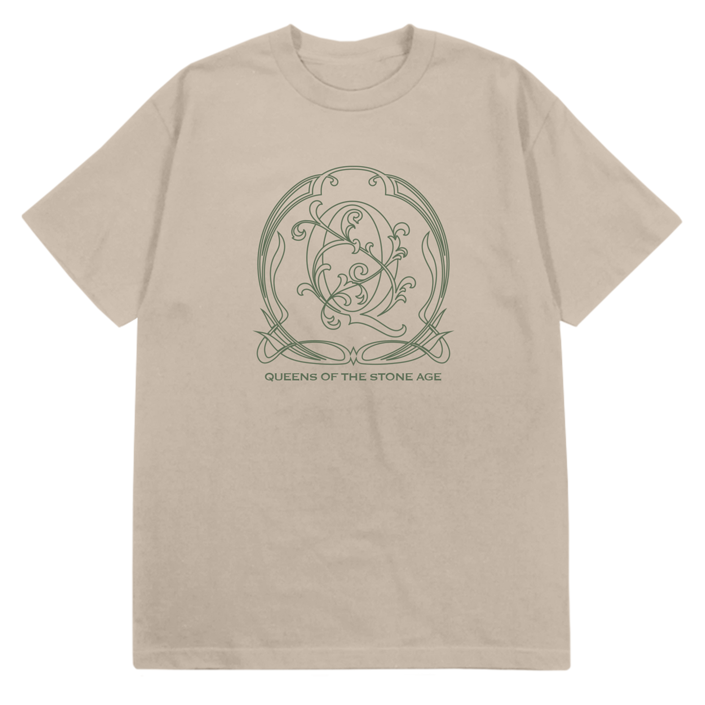 A sand tee with a green decorative QOTSA logo on the front