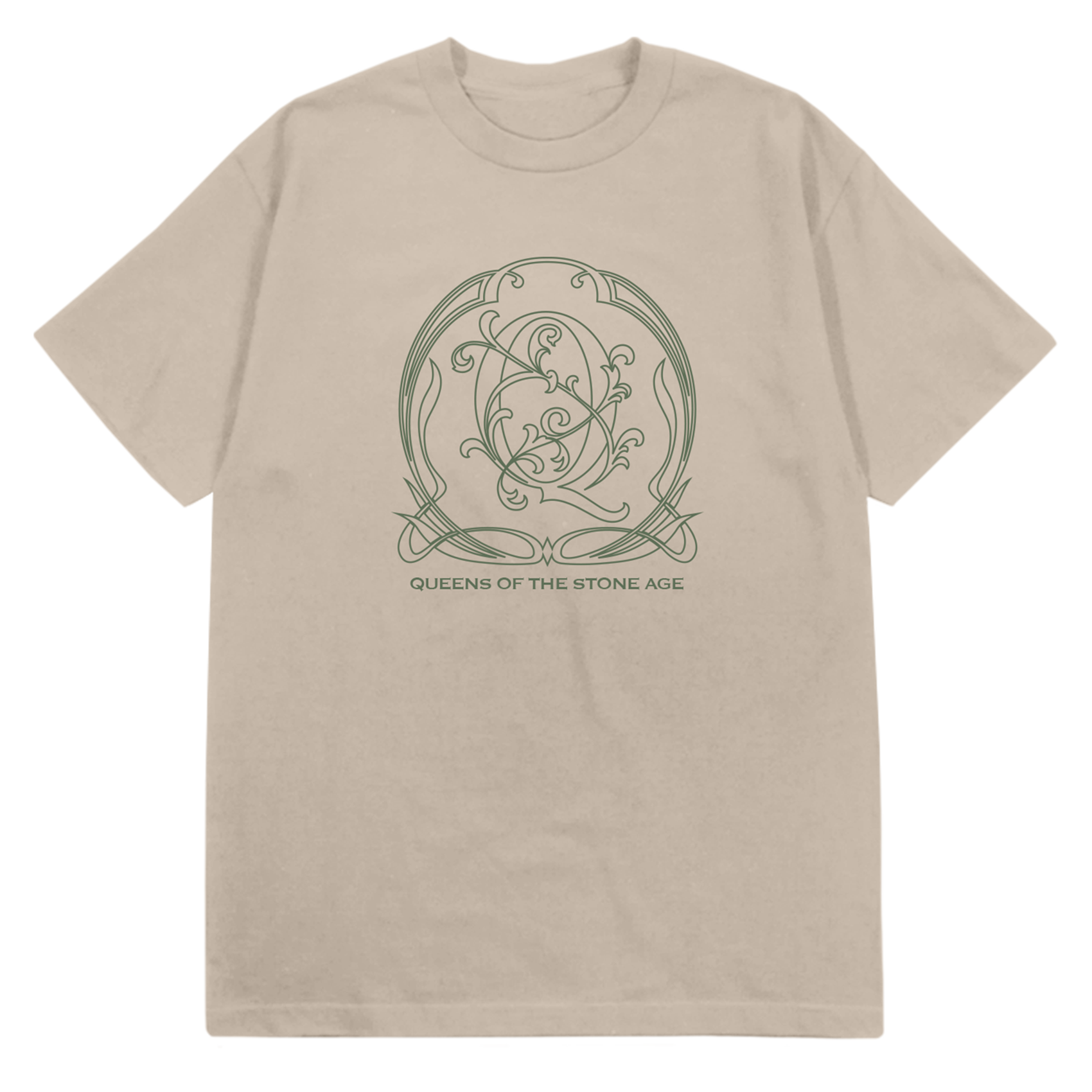 A sand tee with a green decorative QOTSA logo on the front