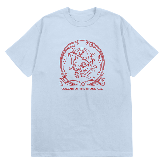 A light blue tee with a red decorative QOTSA logo on the front